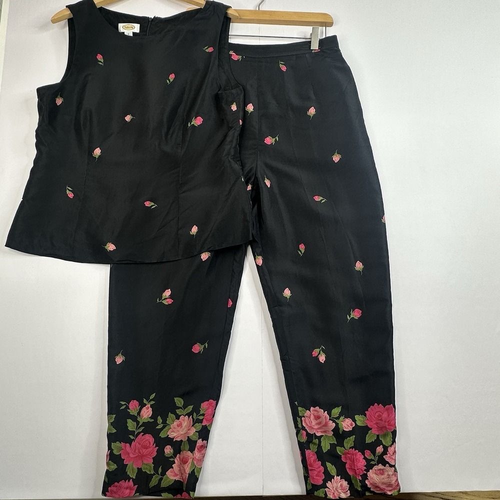 Talbots 100% Silk 2 Piece Pant Set Size 14 Black Pink Rose Floral Matching Women